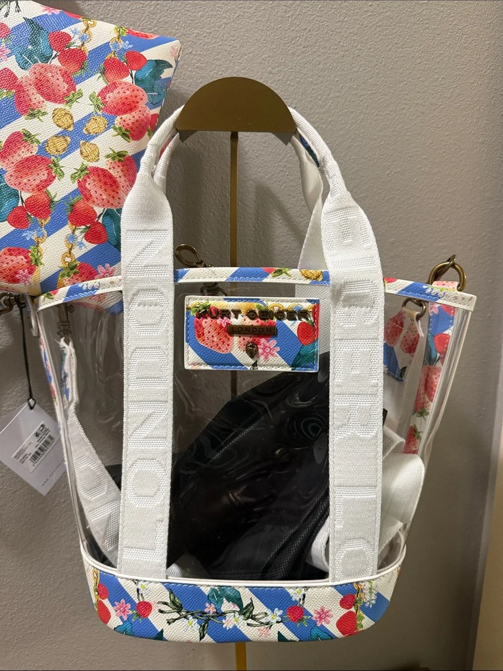Kurt Geiger Clear Tote with White Straps and Strawberry Print